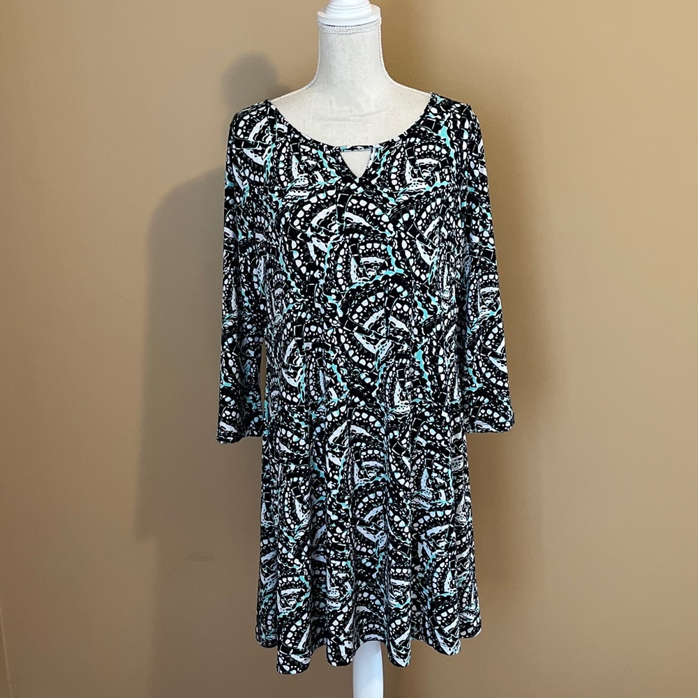 Kaari Blue Large Black Mint 3/4 Sleeve Shift Dress